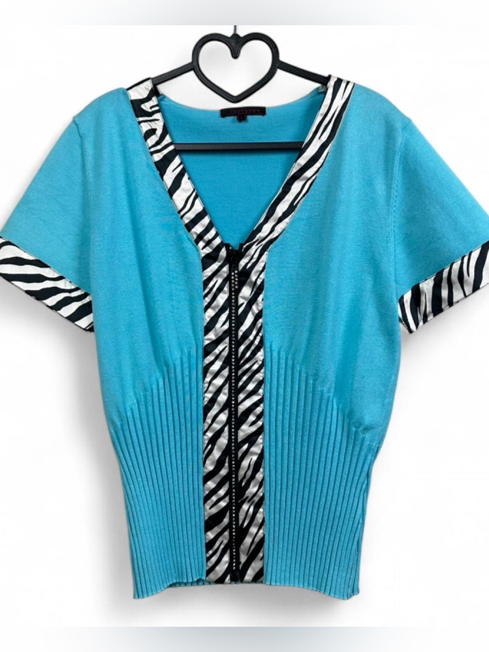 Turquoise Short Sleeve Sweater with Zebra Trim